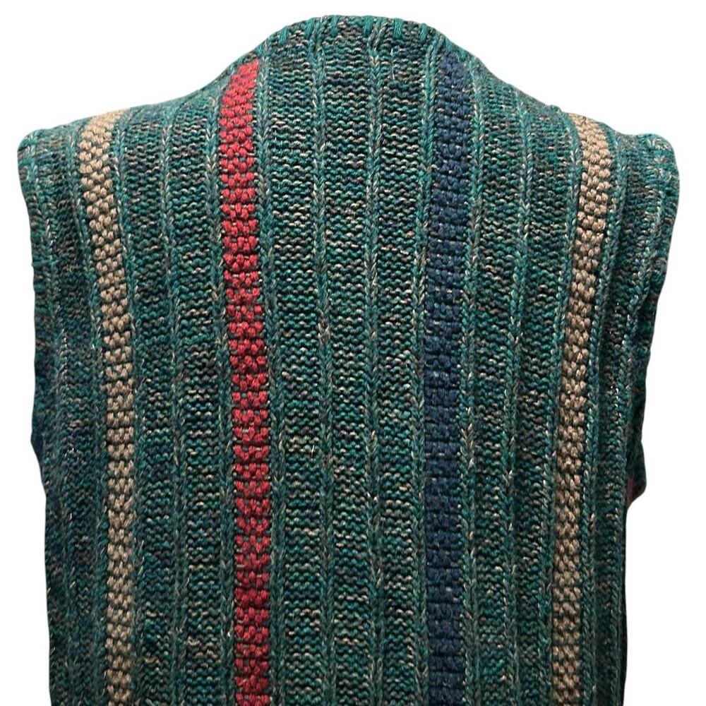Vintage 90s Green Stripe Ramie Tassel Sweater Vest Cottagecore M Grandpacore - Picture 7 of 16